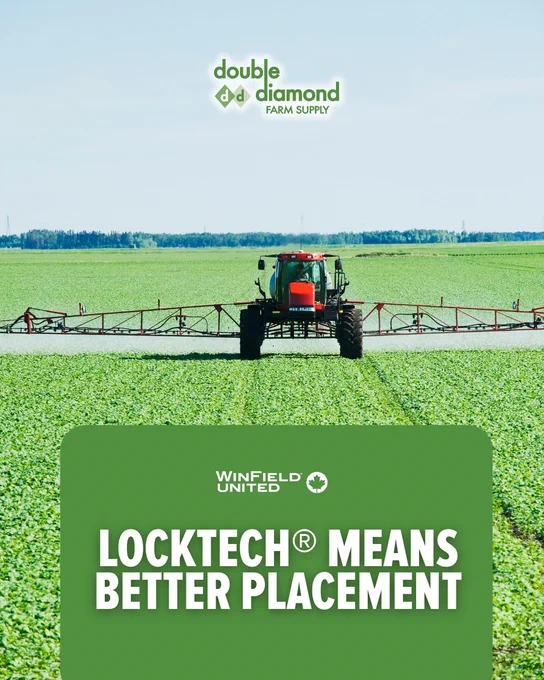 A tractor with sprayer attachments operates in a large, green agricultural field under a clear sky. The image features the logos of Double Diamond Farm Supply and WinField United, along with the text "LOCKTECH® MEANS BETTER PLACEMENT.