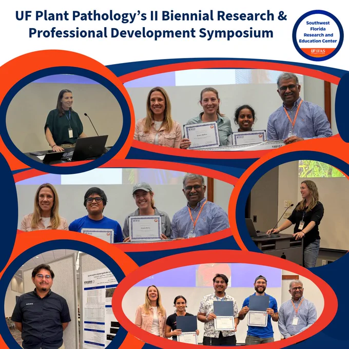 Collage of event photos from UF Plant Pathology’s symposium, showcasing participants receiving awards and presenters at podiums.
