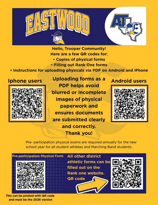 EHS Athletic Form Links and QR Codes with instructions