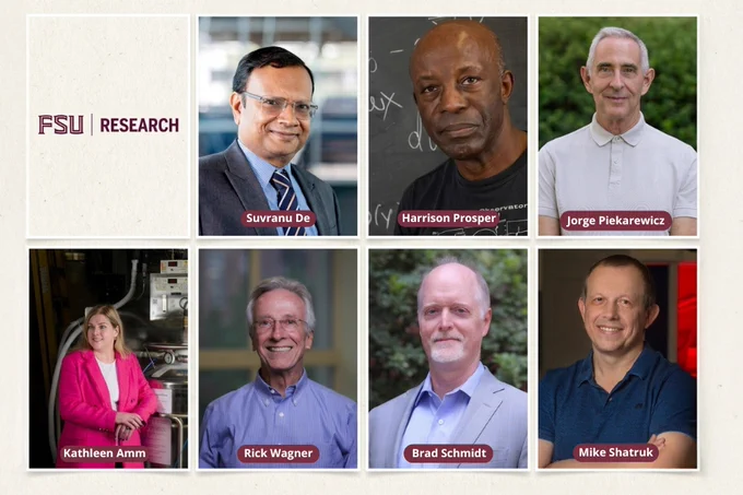 A composite image showing the FSU Research logo and seven Florida State University professors: Suvranu De, Harrison Prosper, Jorge Piekarewicz, Kathleen Amm, Rick Wagner, Brad Schmidt, and Mike Shatruk.