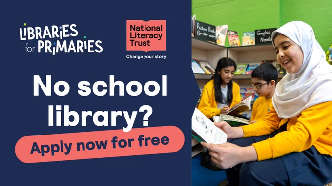 Text reads: ''No school library? Apply now for free.'' and the image depicts three pupils reading while smiling in their school library