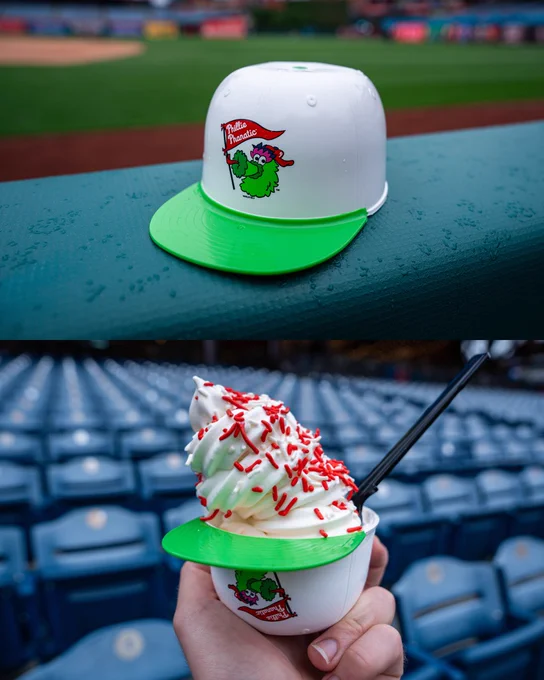 (Top) A white and green ice cream helmet with the Phanatic's face on it is placed on the dugout rail.
(Bottom) A hand holding the ice cream helmet filled with vanilla ice cream and red and white sprinkles.