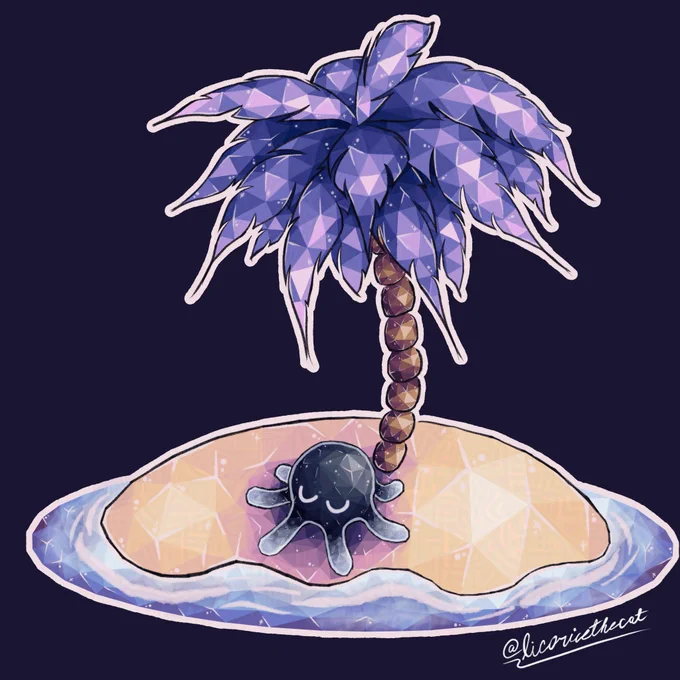 jerry the spherical jellyfish resting on a sandy island with a palm tree with purple leaves surrounded by water. the entire piece is rendered in triangles and resembles crystals with sparkly details.