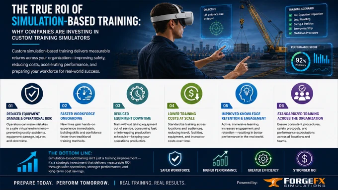 Simulation-based training delivers more than immersive experiences, it creates measurable operational value.
In our latest article, ForgeFX explores how custom training simulators can help organizations improve safety, reduce costs, accelerate onboarding, standardize procedures, and strengthen workforce readiness.
Read the article here: https://www.linkedin.com/.../operational-roi-simulation...
#SimulationTraining #XR #VRTraining #IndustrialTraining #WorkforceDevelopment #ImmersiveLearning #OperatorTrainingSimulator #ForgeFX