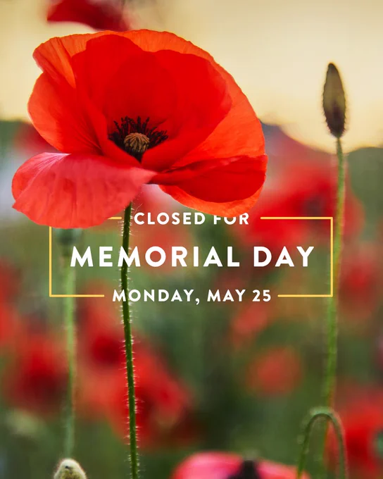 A vibrant field of red poppies with a central focus on one poppy. Overlaid text reads: "Closed for Memorial Day, Monday, May 25."