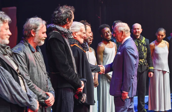 His Majesty the King at the Royal Shakespeare Theatre, meeting the cast of Shakespeare's The Tempest, directed by Richard Eyre.