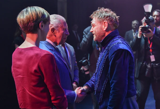 His Majesty the King at the Royal Shakespeare Theatre, meeting Kenneth Branagh who is playing the role of Prospero in The Tempest, directed by Richard Eyre.