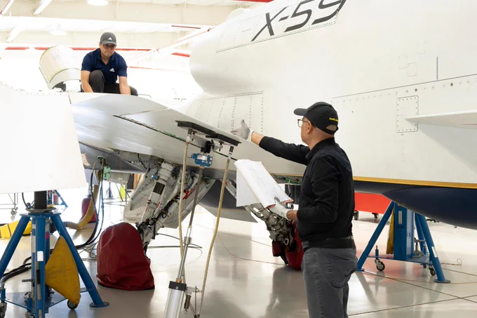 NASA’s X-59 quiet supersonic research aircraft undergoes maintenance inside Hangar 4826 at NASA’s Armstrong Flight Research Center in Edwards, California, on Feb. 24, 2026. Credit: NASA/Carla Thomas