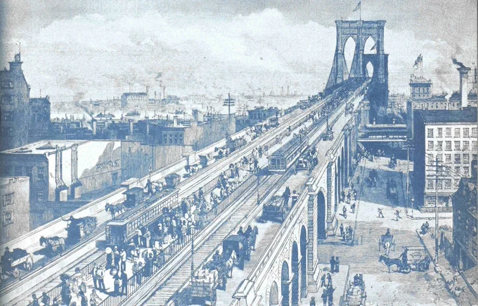 The Approach to the bridge from Manhattan as it appeared in 1883. Booklet, Modernized Brooklyn Bridge, May 3, 1954. DORIS Commissioner Eugene J. Bockman Collection, Brooklyn Bridge Centennial, 1983. NYC Municipal Archives. 