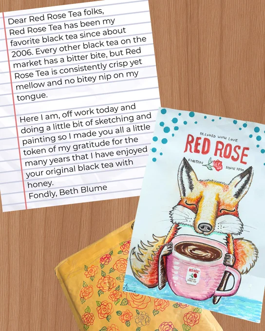 Handwritten letter praising Red Rose Tea's smooth black tea, alongside a colorful fox illustration holding a pink cup of tea and a yellow floral envelope on a wooden surface.