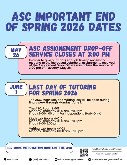 On a light blue background, there is a large heading centered at the top in dark blue text. Underneath the heading are 2 large rectangles with rounded corners. The first one is pink, and the one underneath it is pale yellow. Each rectangle has smaller dark blue headlines and smaller black text underneath the heading. Overlapping the upper-left edge of each rectangle is a smaller white rectangle with rounded corners. Each of the white rectangles contain an important date in smaller dark blue text. The bottom edge of the image is white and contains contact information for the ASC if you need more information. In the lower-right corner in the white area is a black and white QR code linked to the ASC’s webpage and the ASC’s logo.