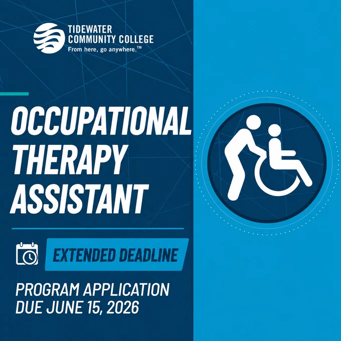 Promotional image for Tidewater Community College's Occupational Therapy Assistant program. It features the college logo and the text "Extended Deadline: Program application due June 15, 2026" with icons of a wheelchair user and calendar with a clock.