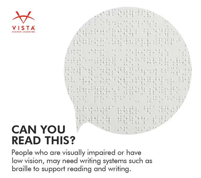 A Vista Higher Learning graphic featuring a speech bubble filled with braille dots. Text below reads, "Can you read this? People who are visually impaired or have low vision, may need writing systems such as braille to support reading and writing."
