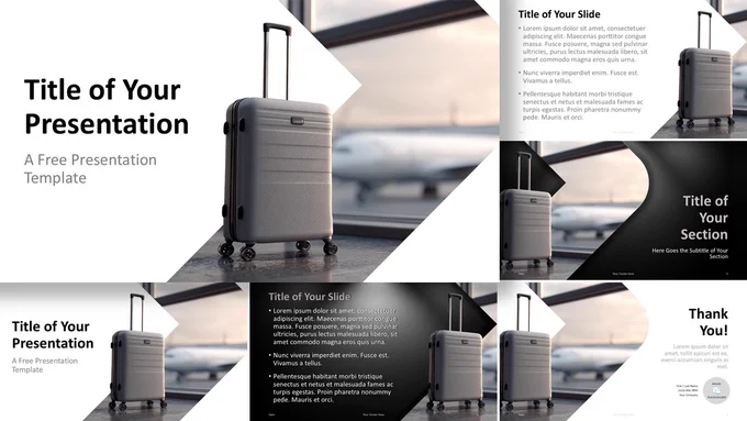 Airport Terminal template preview for PowerPoint and Google Slides with travel photos, geometric layouts, and clean sections.