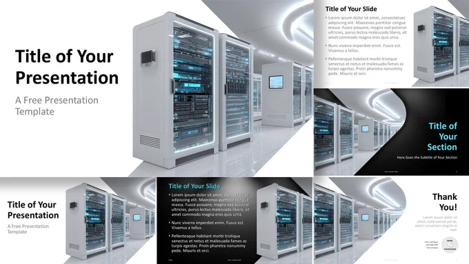 Data Center Tech template preview for PowerPoint and Google Slides showing server-room layouts in dark and light styles.