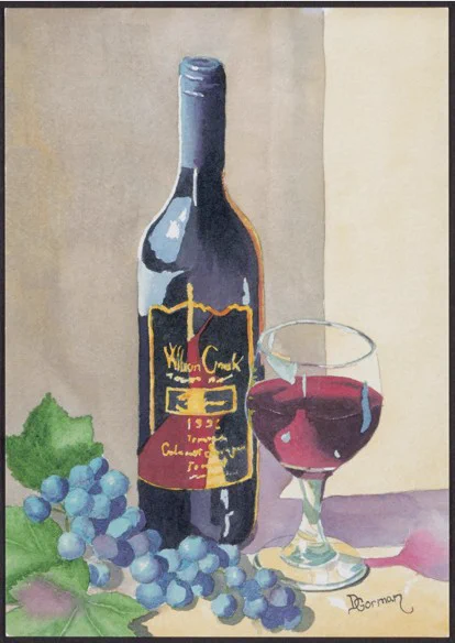 Illustration of a Wilson Creek Winery red wine bottle beside a filled wine glass, with purple grapes and green leaves in the foreground. The label reads “Wilson Creek” and “1992 Temecula California.” Watercolor-style artwork on a light background.
