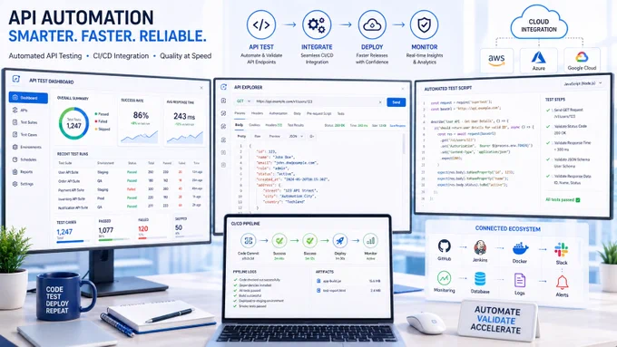 API automation workspace with dashboards, code, CI/CD pipeline, cloud icons, and text: SMARTER. FASTER. RELIABLE.
