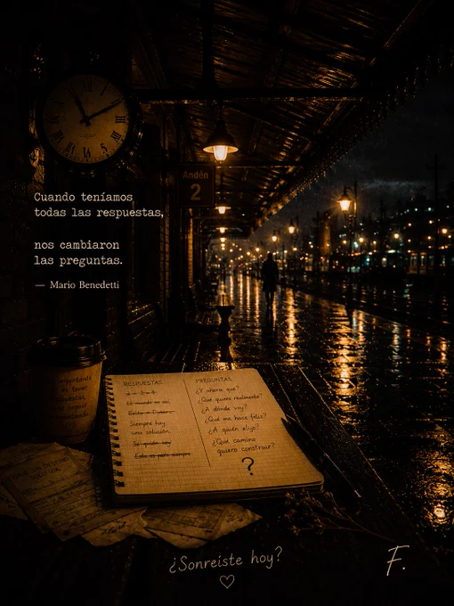 Escena nocturna cinematográfica en una estación de tren antigua bajo la lluvia. Un gran reloj iluminado cuelga bajo el techo metálico que cubre parte del andén. A lo lejos se distinguen trenes detenidos y figuras caminando sobre el suelo mojado y brillante. En primer plano hay un cuaderno cuadriculado con preguntas escritas, papeles dispersos y un vaso de café sobre una mesa de madera. Sobre la pared aparece la frase de Mario Benedetti: “Cuando teníamos todas las respuestas, nos cambiaron las preguntas.” Abajo se lee “¿Sonreíste hoy?” y la firma “F.” en la esquina inferior derecha.