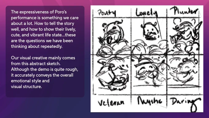 FOREDAWN Studio’s answer continues from the previous graphic. Text reads: “The expressiveness of Poro’s performance is something we care about a lot. How to tell the story well, and how to show their lively, cute, and vibrant life state…these are the questions we have been thinking about repeatedly. Our visual creative mainly comes from this abstract sketch. Although the demo is quite rough, it accurately conveys the overall emotional style and visual structure.” Next to the text is an early concept sketch of the overnumbered poros.