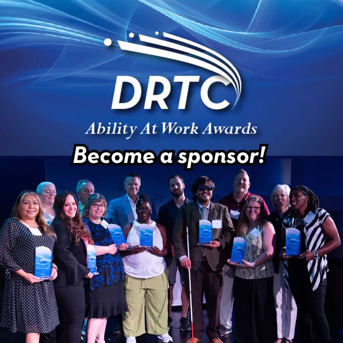 Group of award recipients holding plaques at the DRTC Ability At Work Awards event encouraging sponsorship.