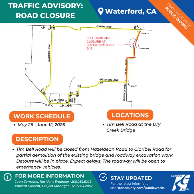 Graphic traffic advisory for a road closure in Waterford, California. A map highlights a detour route and shows a full 24/7 closure at the Dry Creek Bridge on Tim Bell Road from May 26 through June 12, 2026. The closure affects Tim Bell Road between Hazeldean Road and Claribel Road for bridge demolition and roadway excavation work. Detours will be in place, delays are expected, and emergency vehicles will still have access. Contact information for county public works staff and a website for updates are included at the bottom.