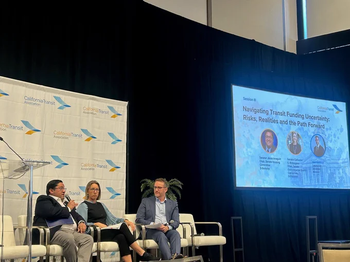 Senator Arreguin speaks at a panel discussion hosted by the California Transit Association.