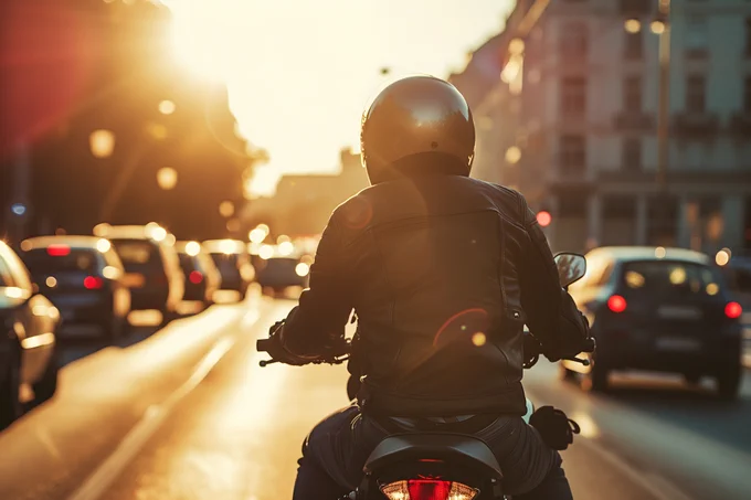 Photo showing the back of a motorcyclist riding in a lane, with a safe distance seen in between the motorcyclist and car traffic to all sides. 
