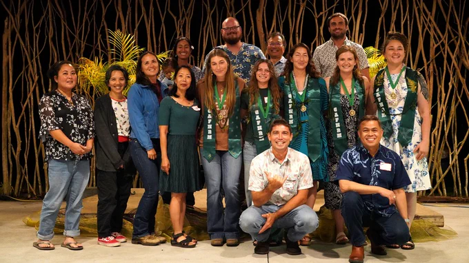 Group poses at the College of Agriculture, Forestry, and Natural Resource Management’s 2026 Senior Awards Recognition Night on May 15 (front, from left) Farm Manager Jake Rodrique and Director of the College Norman Arancon; (2nd row) Farm Technician Cheryl Yara, Program Specialist Marisa Miyashiro, Livestock Technician Sara Tokura-Ellsworth, Agriculture Lecturer Lilia Frey, with graduating seniors Myah Patterson, Savannah Hebert, Leilani Badamo, Madelyn Thorp, and Alexis Holzwarth; (back row) Animal Science Technician Cyra Tomono, Ag Alumnus Brian Rule, Professor of Applied Engineering Shihwu Sung, and Graduate Teaching Assistant Jeff Claycombe. (Photo: Roberto Rodriguez, III/CAFNRM/UH Hilo)