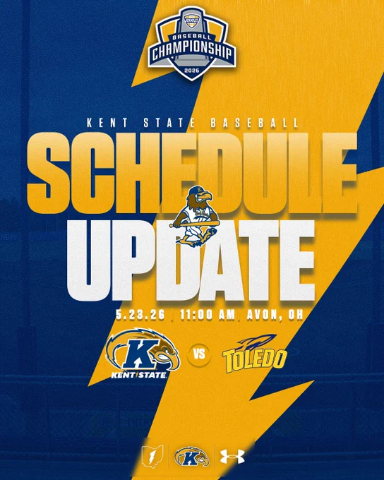 Kent State baseball schedule update graphic for the 2026 MAC Baseball Championship. The design features a navy blue and gold background split by bold gold lightning bolt shapes, with the MAC Baseball Championship 2026 logo at the top. "Kent State Baseball Schedule Update" appears in large white and gold text, with the Kent State Golden Flashes mascot illustration centered in the middle holding a baseball bat. Game details read 5.23.26, 11:00 AM, Avon, OH, with the Kent State and Toledo logos displayed side by side separated by a gold "VS." MAC, Kent State, and Under Armour logos appear along the bottom.