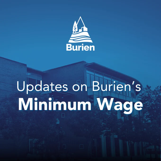Text reading "Updates on Burien's Minimum Wage" with City of Burien logo on blue background featuring silhouette of Burien City Hall exterior.