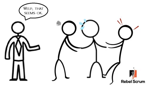 Stick figure in a tie approving while two others struggle in a playful tug-of-war with one falling back in surprise.