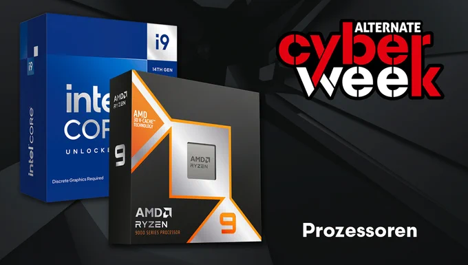 Werbegrafik zur „Alternate Cyber Week“ mit Prozessoren von Intel Core i9 und AMD Ryzen 9 vor dunklem Hintergrund. Unten steht der Schriftzug „Prozessoren“.