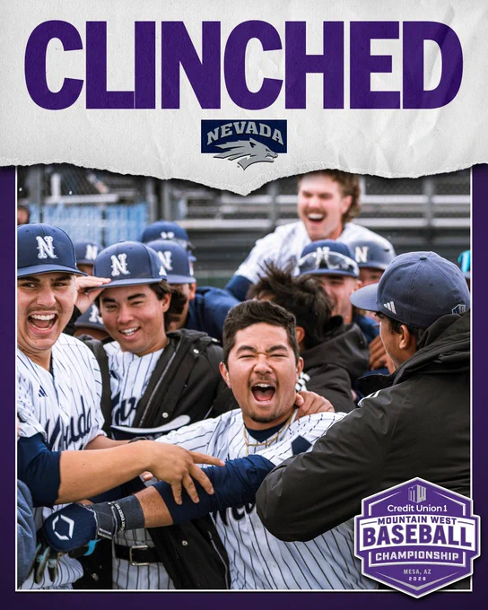 A group of Nevada baseball players celebrate on the field, wearing striped uniforms and caps with an "N" logo. The text at the top reads "CLINCHED," and below it, the Nevada Wolf Pack logo is displayed. At the bottom right, a badge for "Credit Union 1 Mountain West Baseball Championship" is visible, indicating the event location as Mesa, AZ, in 2023.