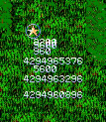 Zoomed-in screenshot of incorrectly rendered item popups with negative values as they appear in any ReC98 build ≥P0295 and ≤P0326. The four bottom popups represent the actual internal values of (from bottom to top) -6400, -4000, 5600, and -1920, but the negative values are instead rendered as the obviously 32-bit-integer-overflowed values 4294960896, 4294963296, and 4294965376 due to a signedness confusion in an sprintf() format string.