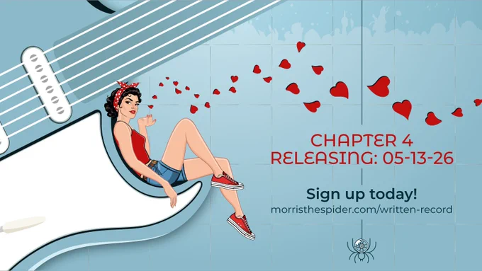 An illustration of a pinup girl blowing kisses while lounging in the lower curve of an oversized Fender Stratocaster.