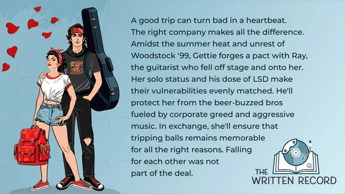 An illustration of a pin-up girl standing next to a rocker with a guitar case over his shoulder next to the pitch for The Acid Trip, a serial romance.