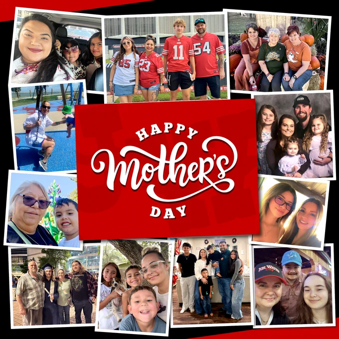 A collage of  photos surrounding a central red banner with white text that reads "Happy Mother's Day" with a JW logo watermark in the background. The photos feature the moms of Jon Wayne and their families. 