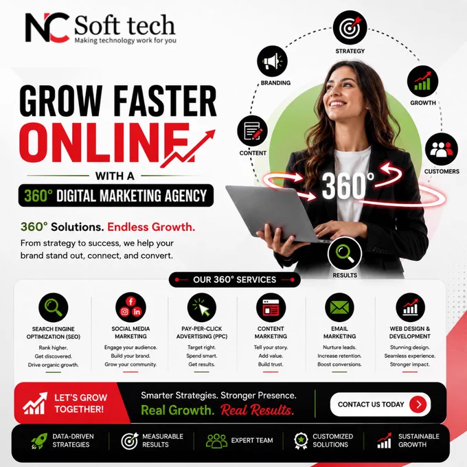 Grow Faster Online with a 360° Digital Marketing Agency

Your customers are online every day — the real question is: Is your business reaching them effectively?

In today’s competitive digital world, simply having a website or social media page is not enough. You need a complete marketing strategy that builds visibility, attracts the right audience, generates quality leads, and converts them into loyal customers.

Why Hire a 360° Digital Marketing Agency?

A full-service digital marketing agency helps your business grow from every angle:

✅ Search Engine Optimization (SEO)
✅ Social Media Marketing
✅ Google & Meta Ads
✅ Website Design & Development
✅ Content Marketing
✅ Branding & Creative Design
✅ Lead Generation Campaigns
✅ Video Marketing
✅ Online Reputation Management

Instead of managing multiple vendors, get everything under one expert team focused on one goal — your business growth.

Turn Clicks into Customers

A smart digital marketing strategy can help you:
✔ Increase online vi