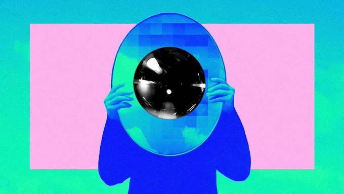 A graphic featuring a blue silhouette holding a large oval lens with a reflective black sphere resembling a pupil, set against a teal and green gradient and a pink rectangular block, promotes the Project Liberty Substack-published essay Reject AI Prophecies, Free the Future by Audrey Tang, Taiwan’s cyber ambassador, first digital minister, architect of the Taiwan Model for digital diplomacy and 2025 Right Livelihood laureate.
