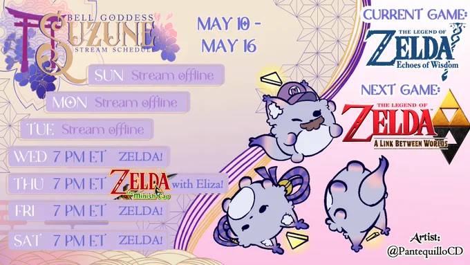 Schedule for 5/10 - 5/16:
Wed, 7 PM ET: ZELDA!
Thurs, 7 PM ET: Minish Cap with @ElizardVT !
Fri, 7 PM ET: ZELDA!
Sat, 7 PM ET: ZELDA!