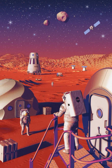 An illustration of Moon to Mars infrastructure showing astronauts living and working on the surface of Mars.
