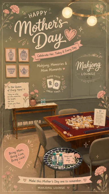 A beautifully decorated Mother’s Day themed Mahjong Lounge setup featuring a cozy Mahjong table surrounded by warm lighting, soft pink floral illustrations, and elegant handwritten typography on olive green walls. The room includes a Mahjong table with scattered Mahjong tiles, plush chairs, framed ceramic artwork, and decorative signs reading “Happy Mother’s Day,” “Mahjong, Memories & Mom Moments,” and “Bring Mom, Bring Love, Bring Luck.” A small side table displays water bottles and a reserved sign for Mom, creating an intimate and thoughtful atmosphere. Floral doodles, pastel hearts, and warm café-style interiors give the image a calm, welcoming, editorial aesthetic. The overall mood highlights Mahjong Lounge in Koramangala, Bangalore as a stylish community space for Mother’s Day celebrations, meaningful offline connections, beginner-friendly Mahjong sessions, and memorable moments shared with family and friends.