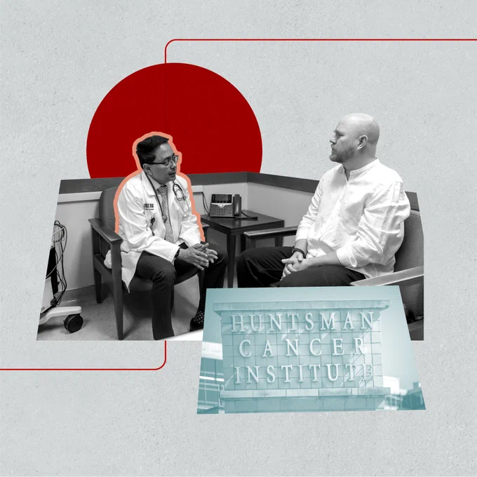 A medical professional and a patient sit facing each other in an office. Both are engaged in conversation. The background features a prominent red circle. An inset image shows the "Huntsman Cancer Institute" sign.