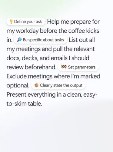 Prompt tips graphic showing how to ask Copilot to prep your workday by listing meetings and related docs in a clean table.