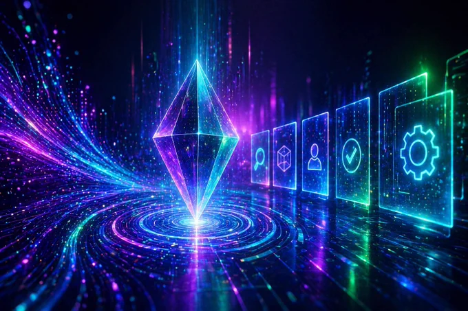 Futuristic digital illustration of a glowing crystal prism surrounded by clean holographic interface panels and flowing neon data streams, representing clarity, intuitive user experience, and streamlined system design for Kinny List, a Solana-powered Web3 marketplace focused on transparent and reliable crypto transactions.