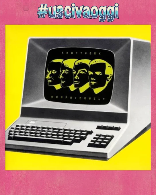 Copertina dell'album Computer World dei Kraftwerk. La copertina raffigura un computer in stile retrò, su sfondo giallo, con i profili stilizzati dei membri della band sullo schermo, riflettendo il tema futuristico e tecnologico dell'album.