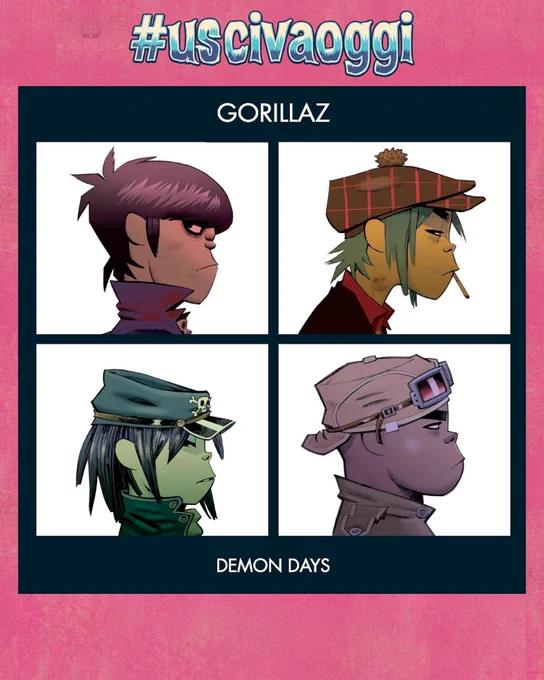 Copertina di Demon Days dei Gorillaz.
La copertina raffigura i quattro personaggi virtuali della band: 2-D, Murdoc Niccals, Noodle e Russel Hobbs. Ci son quattro riquadri bianchi, su sfondo nero, con il loro volto di profilo, in stile fumettistico. Sopra e sotto le scritte con titolo e nome della band.