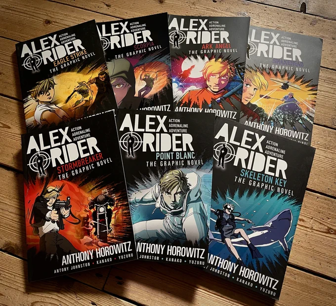 A photo of the seven books in the Alex Rider graphic novel series so far, laid out on the floor of Antony’s study
