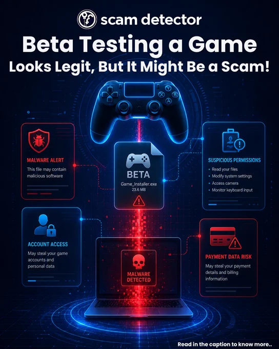 Cybersecurity infographic warning about fake beta game testing scams. A glowing game controller hovers above a suspicious “BETA Game_Installer.exe” file connected to a laptop displaying a “Malware Detected” alert. Surrounding warning panels highlight risks including malware infection, suspicious permissions, account access theft, and payment data theft. The design uses neon blue and red digital effects with the headline: “Beta Testing a Game Looks Legit, But It Might Be a Scam!