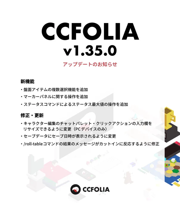 CCFOLIA v1.35.0 アップデートのお知らせ 画像1枚目

新機能
・盤面アイテムの複数選択機能を追加
・マーカーパネルに関する操作を追加
・ステータスコマンドによるステータス最大値の操作を追加

修正・更新
・キャラクター編集のチャットパレット・クリックアクションの入力欄をリサイズできるように変更（PCデバイスのみ）
・セーブデータにセーブ日時が表示されるように変更
・/roll-tableコマンドの結果のメッセージがカットインに反応するように修正